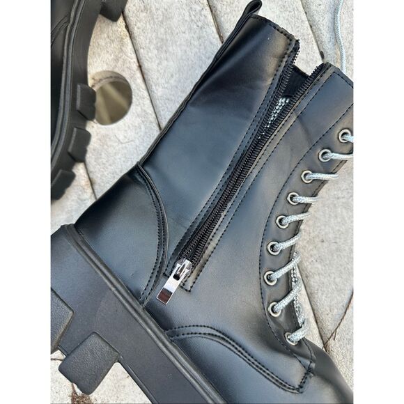 Diamond Black Chunky Lace-Up Side Zipper Calf Boot - Black Size 9.5 - Picture 6 of 10